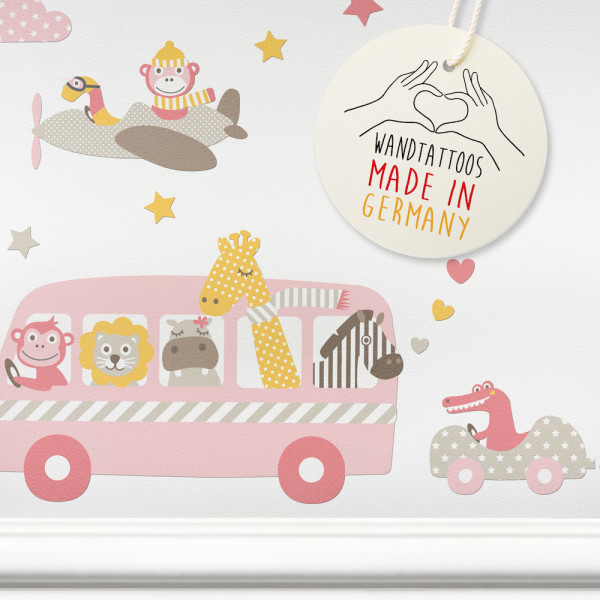 Wandtattoos Kinderzimmer „Tiere on Tour” Rosa/Beige/Gelb