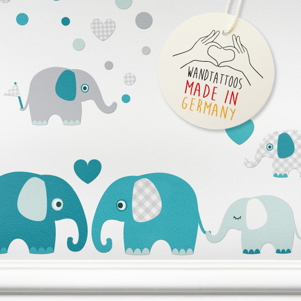 Wandtattoos Kinderzimmer „Elefanten” Petrol/Mint/Grau