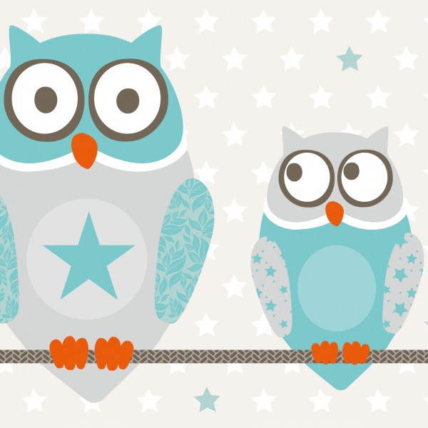 anna wand Bordüre, Kinderzimmer Eule/Sterne „Owl Stars” Tiere - Junge & Mädchen - Beige/Türkis/Rot