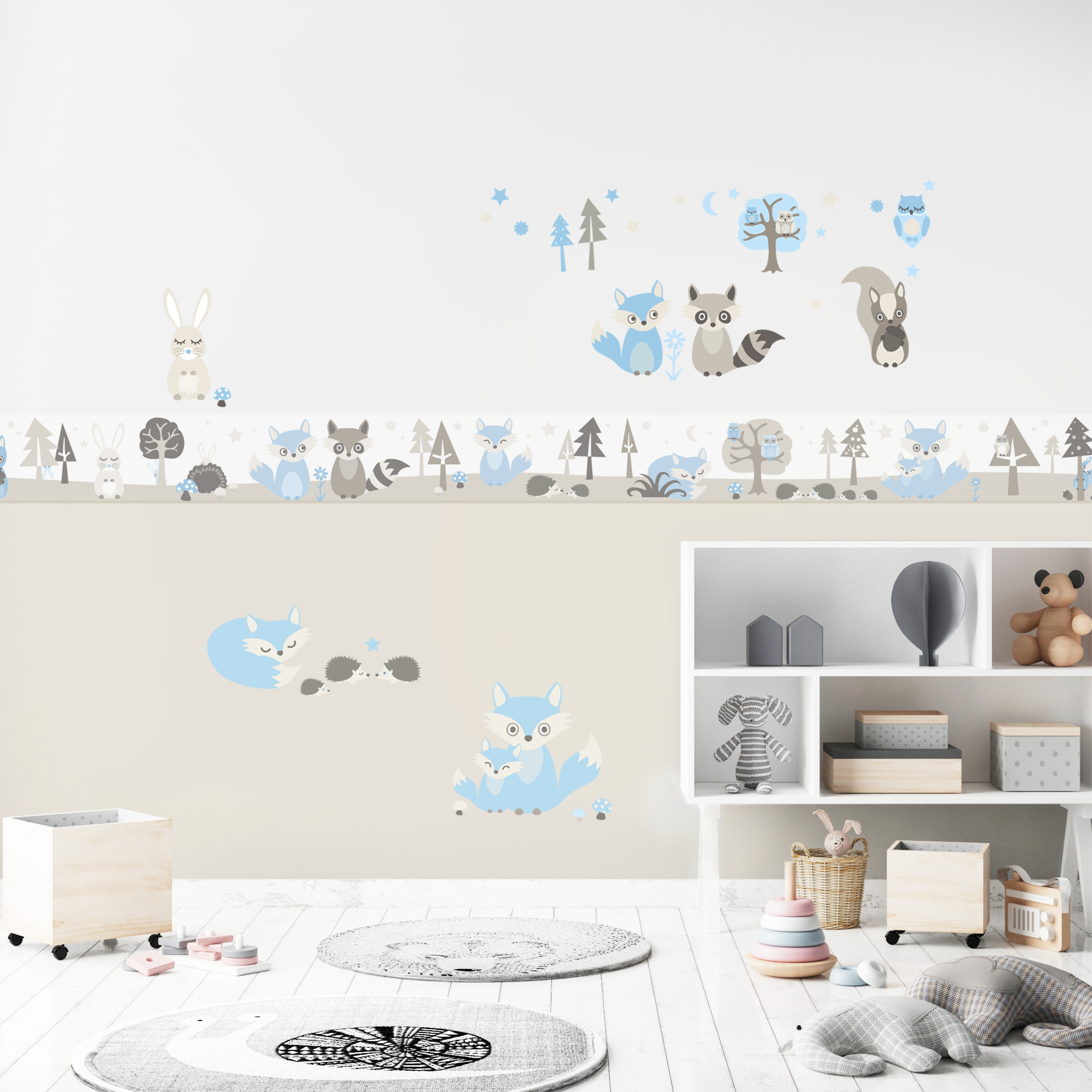 Selbstklebende Bordure Little Wood Hellblau Graubeige Borduren Fur Jungen Borduren Wandgestaltung Kinderzimmer Anna Wand Design