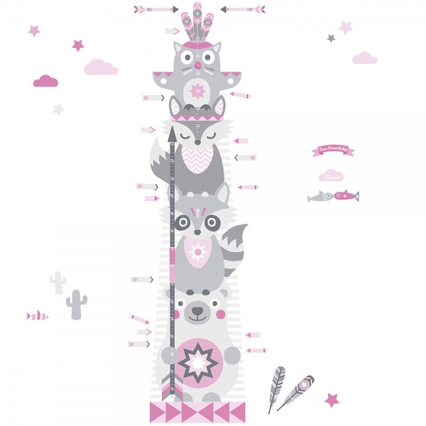 anna wand Wandtattoo Messlatte Kinderzimmer „Indianer” selbstklebend - Junge & Mädchen - Rosa/Grau