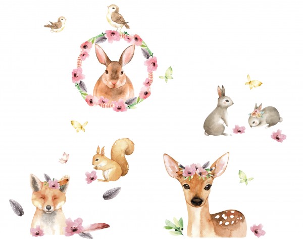 anna wand Wandtattoo Kinderzimmer Wandsticker Tiere „Waldtiere” - Junge & Mädchen - Fuchs/Hase/Blumen Rosa