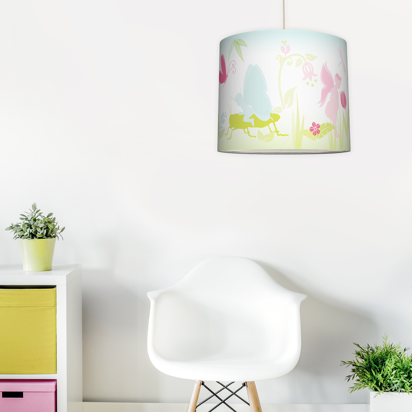 Deckenlampe Elfenwiese Lampe mit kleiner Elfe Fee und Punkten grün & rosa D71 