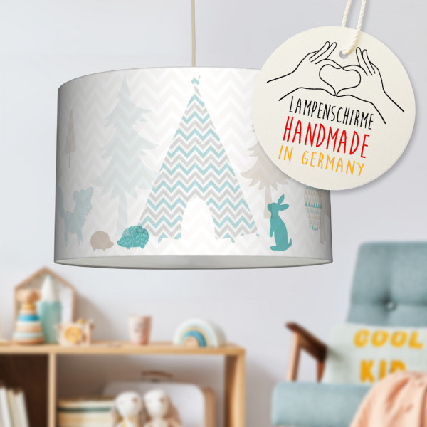 LL-LS-9424 lovely label amazon Deckenlampe Baby Kinder Lampenschirm Deckenleuchte Kinderzimmer Deko Hängelampe Pendelleuchte Indianer Waldtiere Tipi mint Grau