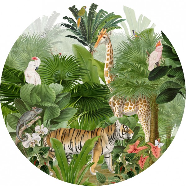 Runder XL Stoffwandsticker „Dot with a view” mit Dschungel Motiv, grün / mehrfarbig