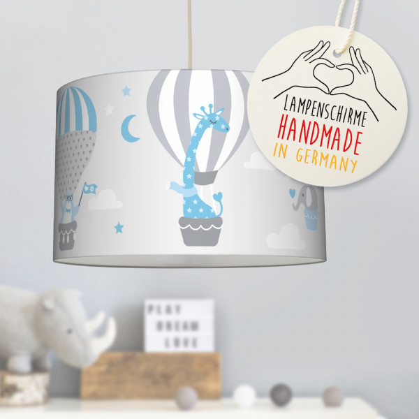 LL-LS-9405 lovely label amazon Deckenlampe Baby Kinder Lampenschirm Deckenleuchte Kinderzimmer Deko Hängelampe Pendelleuchte Heißluftballon Tiere Wolken blau Grau