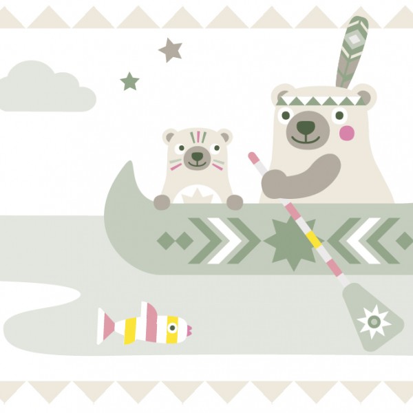 anna wand Bordüre, Kinderzimmer „Indianer” Fuchs, Hase, Bär, Fisch - Junge & Mädchen - Olive, Pink, Grün